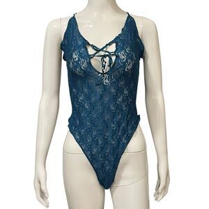 Vintage Lingerie Val Mode Teal Blue Nylon Lace Teddie Romper Sz Large Bodysuit